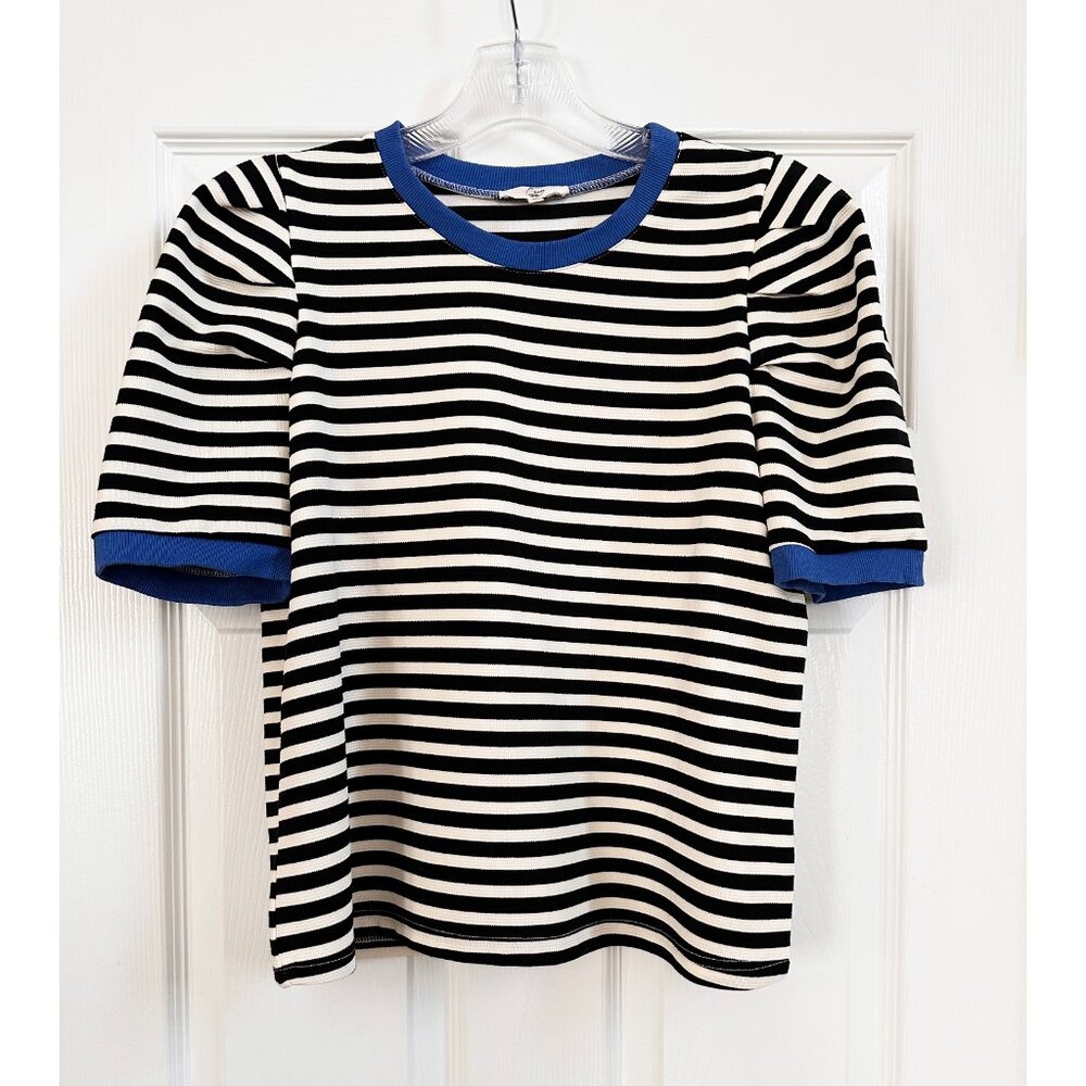 Entro Black and White Striped Puff Sleeve Tee with Blue Trim- Medium
